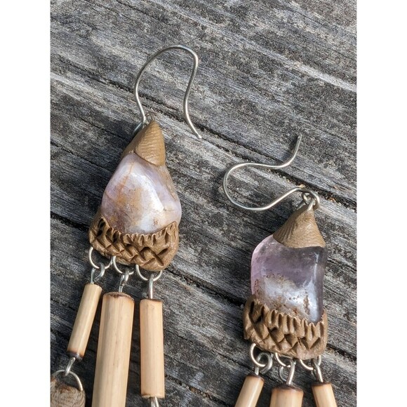 Vintage Stone Bohemian Earrings, Handcrafted Purple Gemstone Dangle Earrings - Picture 7 of 10